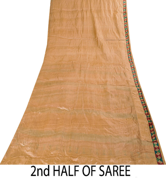 Sanskriti Vintage Beige Pure Silk Heavy Saree Geometric Print Sari 6+Yard Fabric