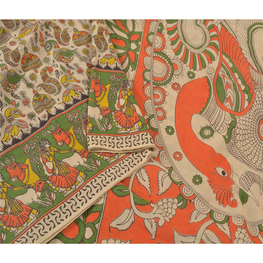 Sanskriti Vintage Ivory Heavy Sarees Pure Cotton Kalamkari Peacock Sari Fabric
