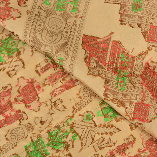 Sanskriti Vintage Fawn Craft Supplies Indian Sarees Pure Silk Woven Sari Fabric