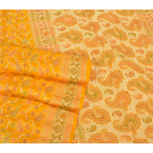 Sanskriti Vintage Yellow Indian Sarees 100% Pure Silk Woven Unique Sari Fabric