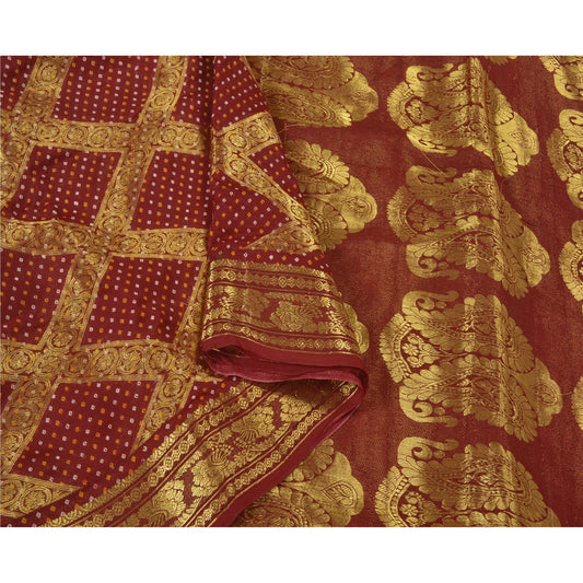 Sanskriti Vintage Dark Red Sarees Blend Georgette Brocade Bandhani Sari Fabric