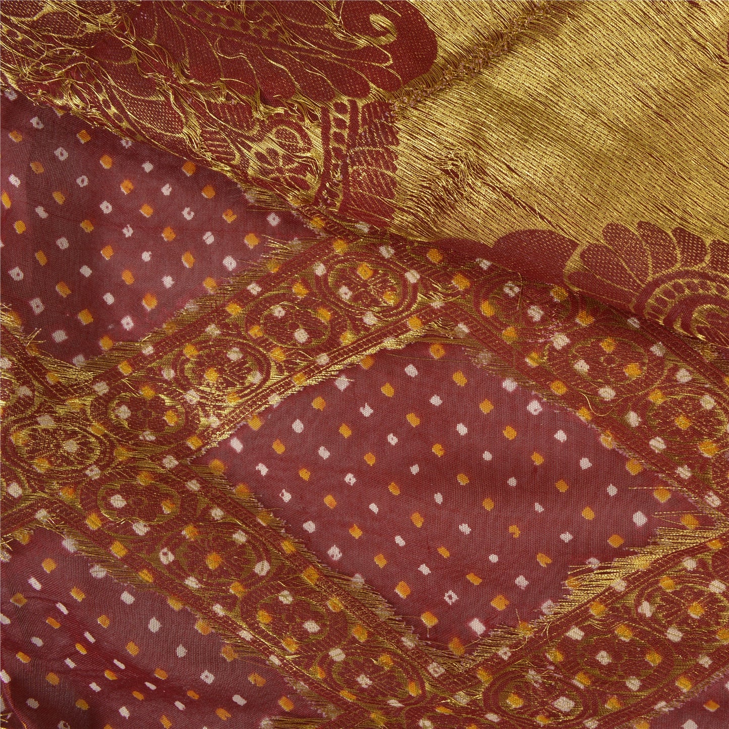 Sanskriti Vintage Dark Red Sarees Blend Georgette Brocade Bandhani Sari Fabric