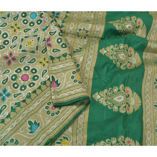 Sanskriti Vintage Green Indian Sarees Hand Woven 100% Pure Silk Sari 5yd Fabric