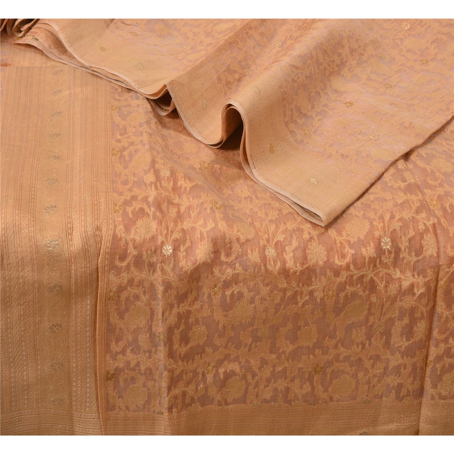 Sanskriti Vintage Peach Indian Sarees 100% Pure Silk Woven Premium Sari Fabric