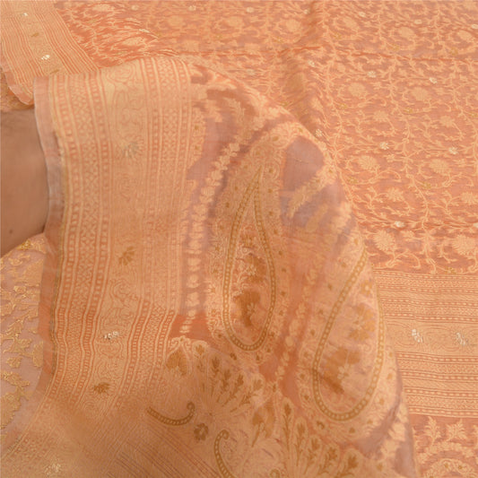 Sanskriti Vintage Peach Indian Sarees 100% Pure Silk Woven Premium Sari Fabric
