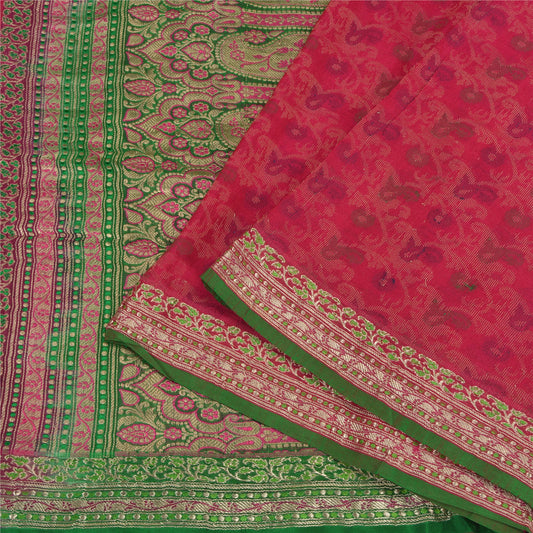 Sanskriti Vintage Green/Pink Sarees Pure Silk Woven Brocade/Banarasi Sari Sustainable Fabric