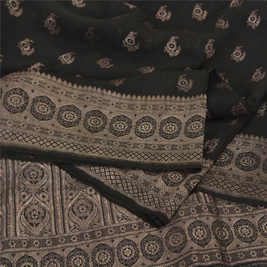 Sanskriti Vintage Black Sarees Pure Silk Woven Brocade/Banarasi Zari Sari Fabric