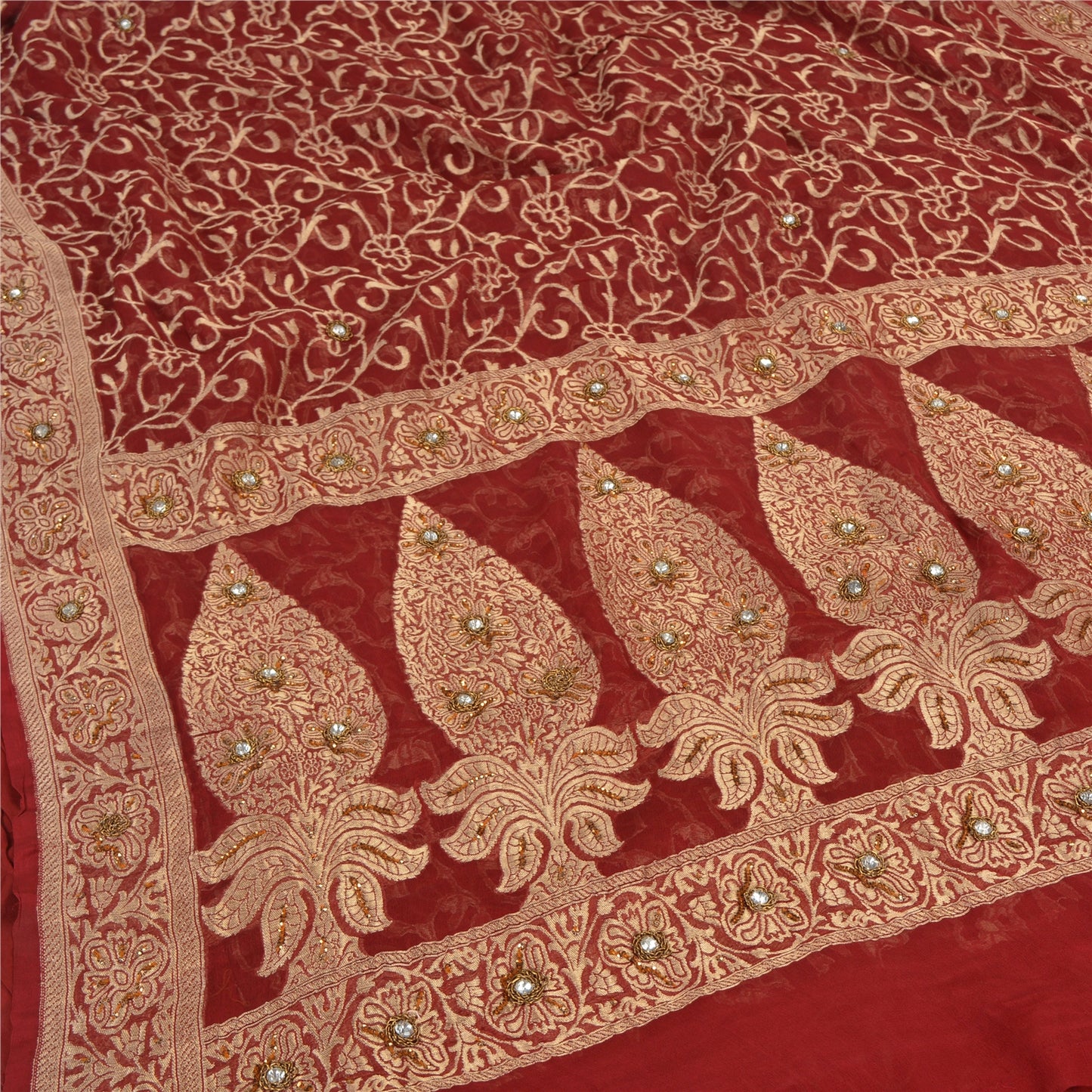 Sanskriti Vintage Red Sarees Pure Georgette Silk Pure Beaded Woven Sari Fabric