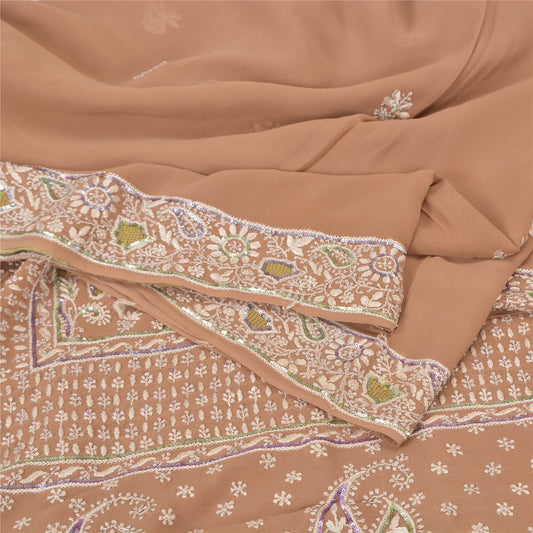 Sanskriti Vintage Brown Sarees Pure Georgette Silk Beaded Chikankari Sari Fabric