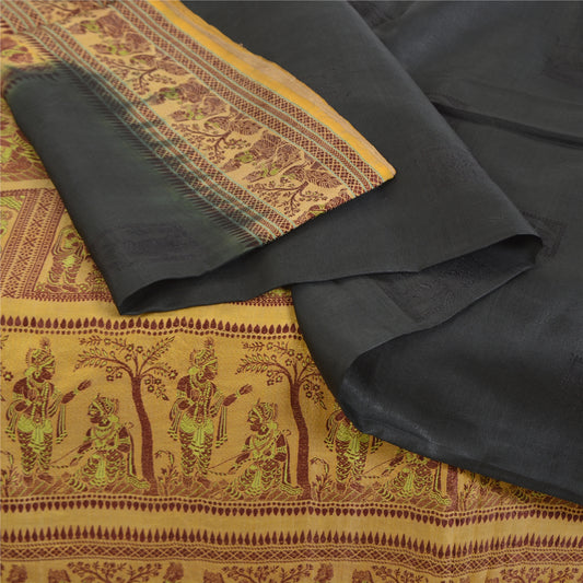 Sanskriti Vintage Black Sarees Pure Silk Baluchari Woven Sari Ethnic 5yrd Sustainable Fabric