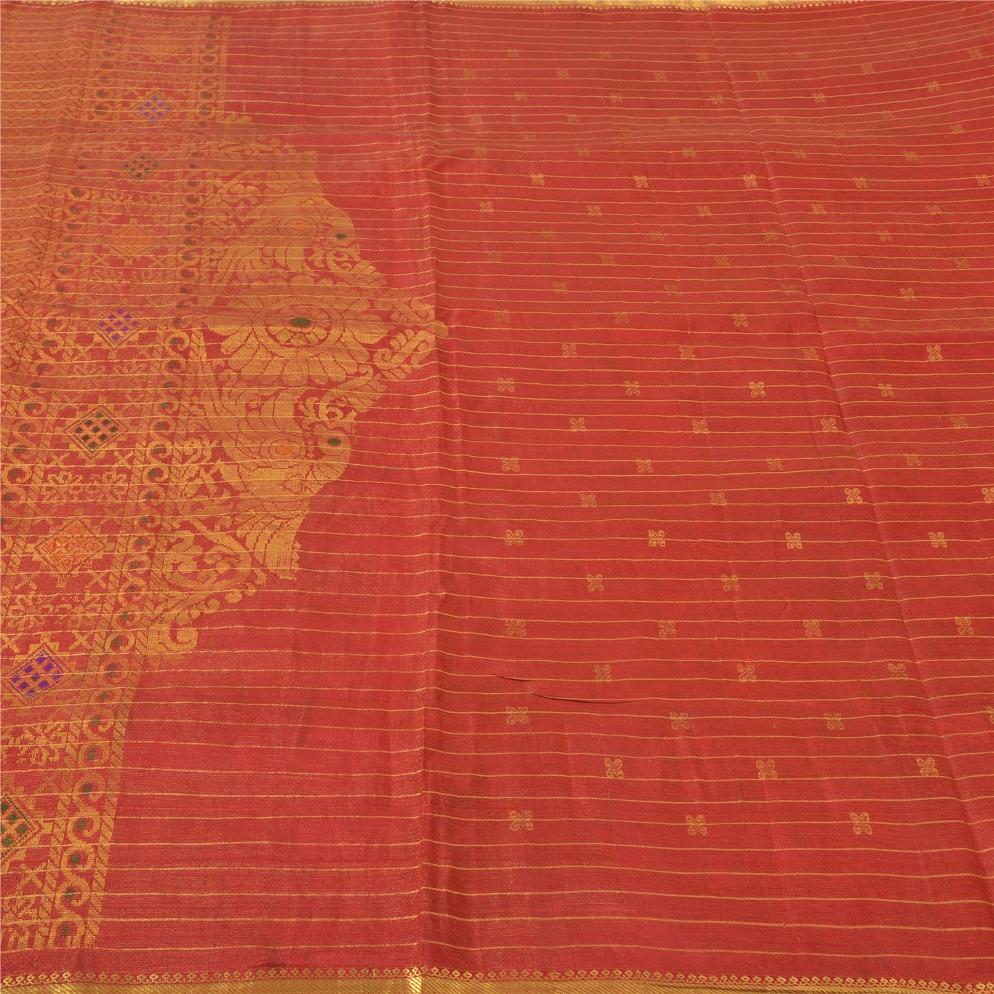 Sanskriti Vintage Red Sarees Pure Silk Brocade/Banarasi Hand Woven Sari Sustainable Fabric