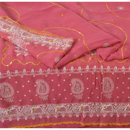 Sanskriti Vintage Pink Sarees Pure Georgette Silk Hand Embroidered Sustainable Fabric Sari