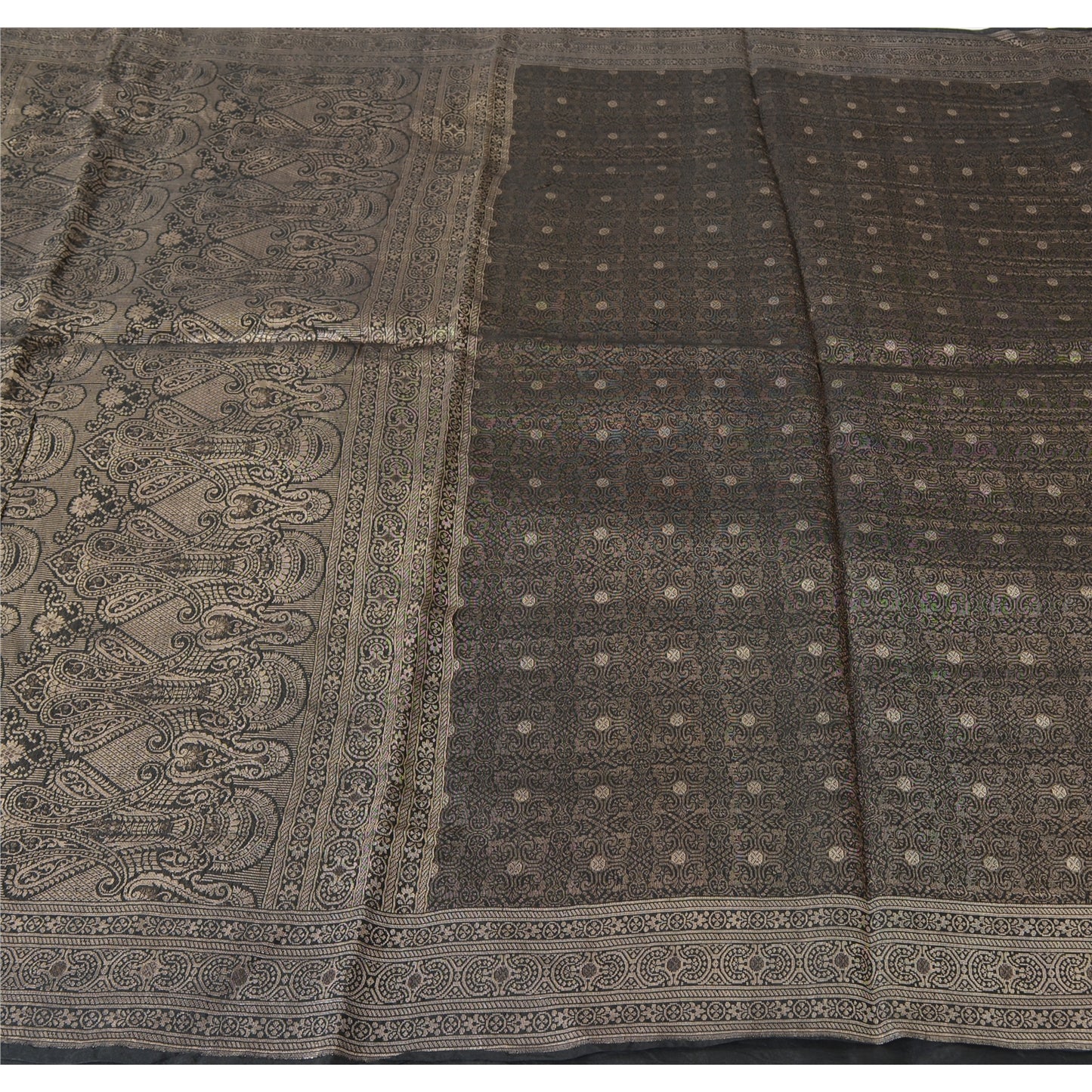 Sanskriti Vintage Black Sarees Pure Silk Brocade Woven Premium Sari Craft Fabric