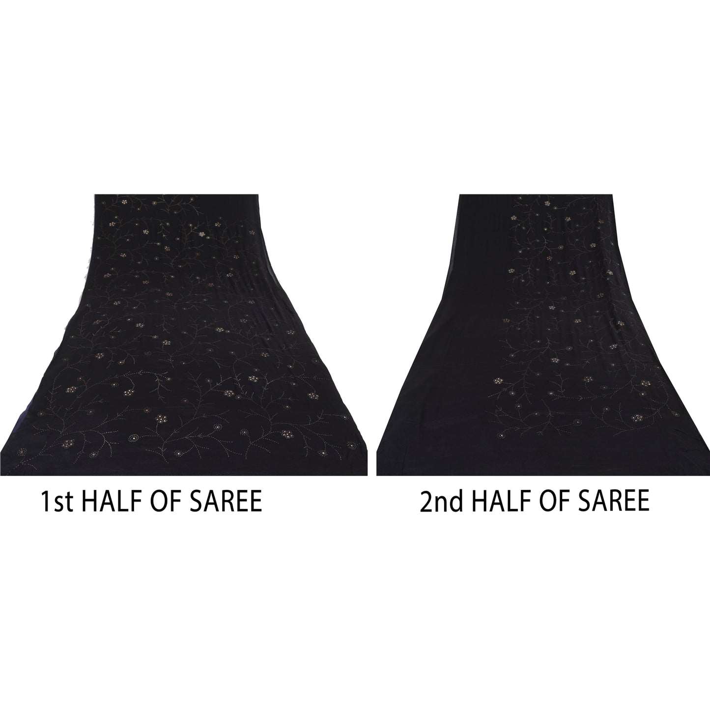 Sanskriti Vintage Saree Black 100% Pure Crepe Silk Embroidered Mukesh Work Sari 5+Yd Craft Fabric Create Dresses, Kaftan, Skirt, Projects