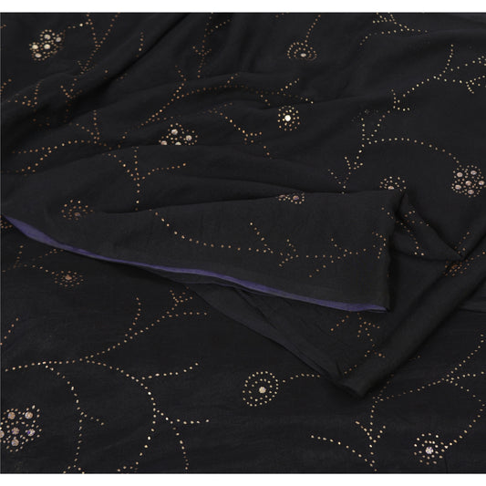 Sanskriti Vintage Saree Black 100% Pure Crepe Silk Embroidered Mukesh Work Sari 5+Yd Craft Fabric Create Dresses, Kaftan, Skirt, Projects