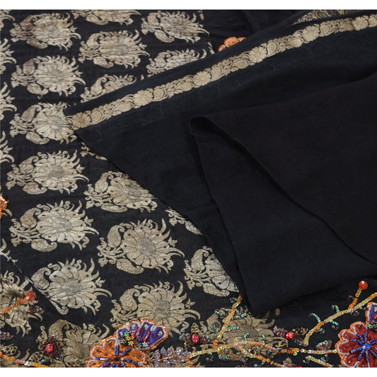 Sanskriti Vintage Indian Black Sarees Pure Silk Hand Beaded Ethnic Sari Sustainable Fabric