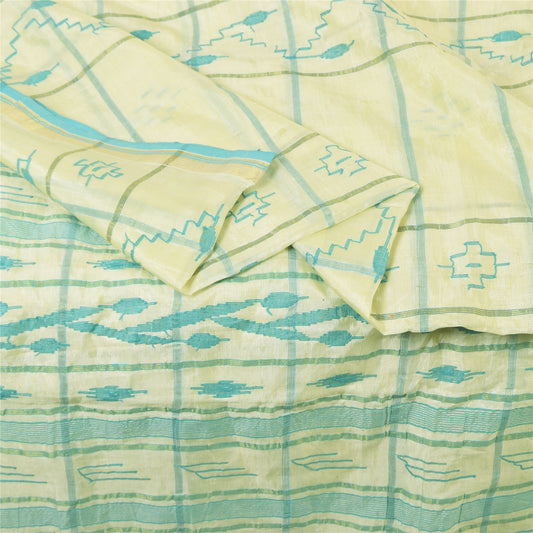 Sanskriti Vintage Indian Ivory Sarees Blend Silk Woven Tant Premium Sari Sustainable Fabric