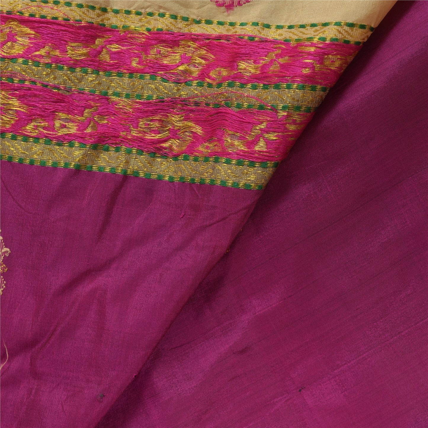 Sanskriti Vintage Magenta/Cream Sarees Pure Silk Hand Woven Premium Sari Sustainable Fabric