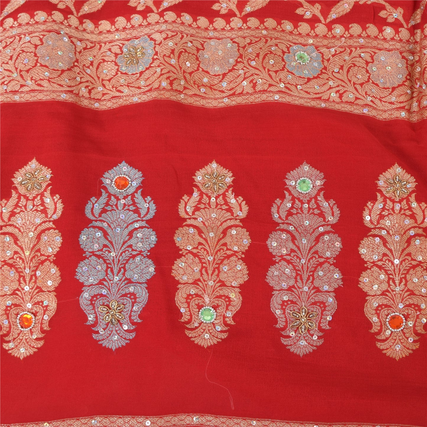 Sanskriti Vintage Red Sarees Pure Georgette Hand Beaded Premium Sari 5yd Sustainable Fabric