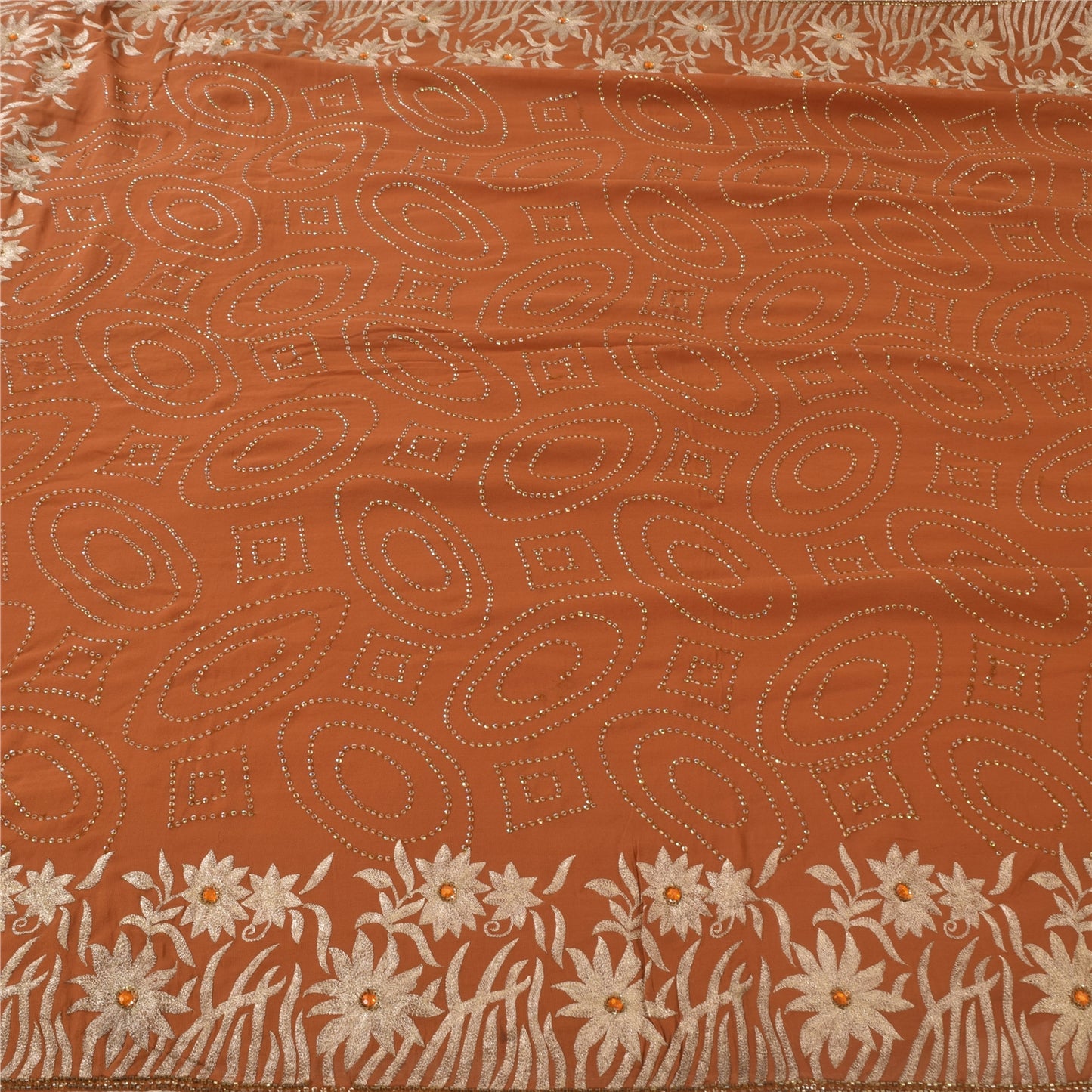 Sanskriti Vintage Rust Sarees Pure Georgette Hand Beaded Premium Sari 5yd Sustainable Fabric
