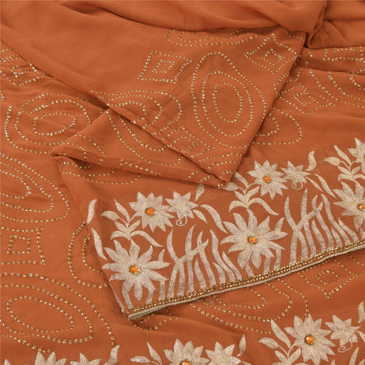Sanskriti Vintage Rust Sarees Pure Georgette Hand Beaded Premium Sari 5yd Sustainable Fabric