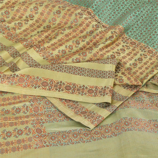 Sanskriti Vintage Green/Yellow Sarees Pure Silk Woven Premium Sari Craft Sustainable Fabric