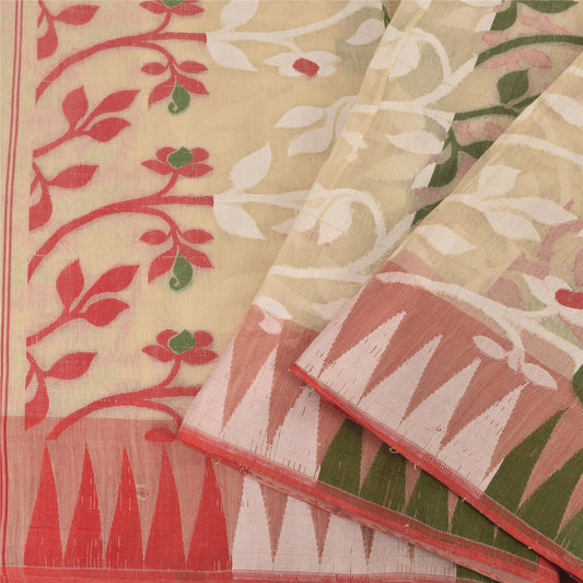 Sanskriti Vintage Indian Ivory Sarees Blend Cotton Woven Premium Sari 5yd Sustainable Fabric