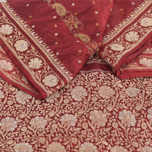 Sanskriti Vintage Red Sarees Pure Silk Hand Woven Premium Sari 5yd Craft Sustainable Fabric