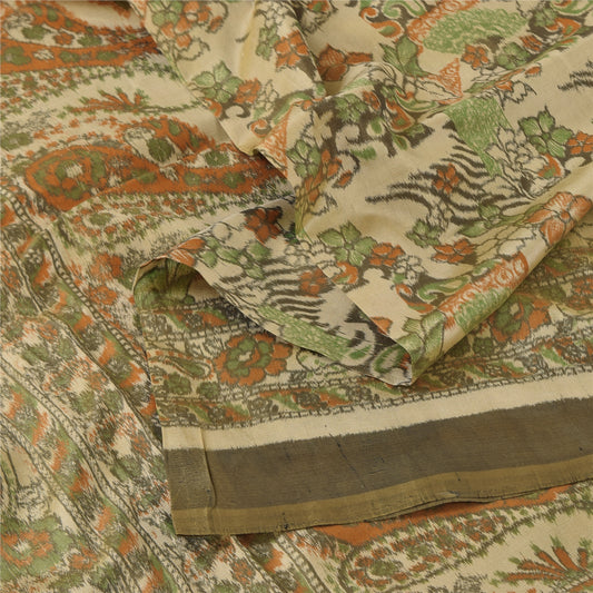 Sanskriti Vintage Brown/Ivory Sarees Pure Silk Beaded Premium Sari Craft Sustainable Fabric