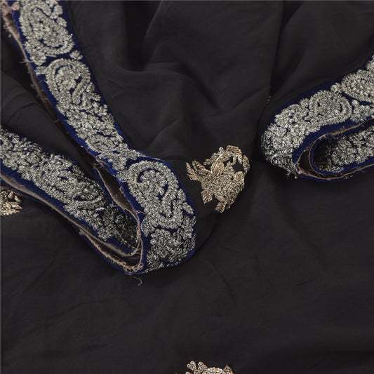 Sanskriti Vintage Indian Black Sarees Net Hand Beaded Premium Sari Craft Sustainable Fabric