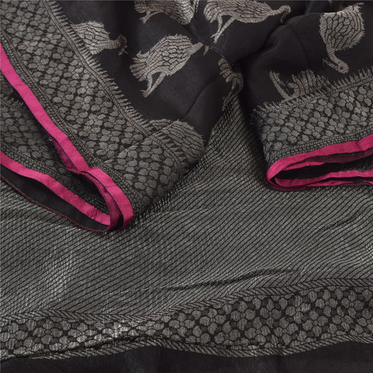 Sanskriti Vintage Indian Black Sarees Pure Silk Woven Ethnic Sari Craft Sustainable Fabric