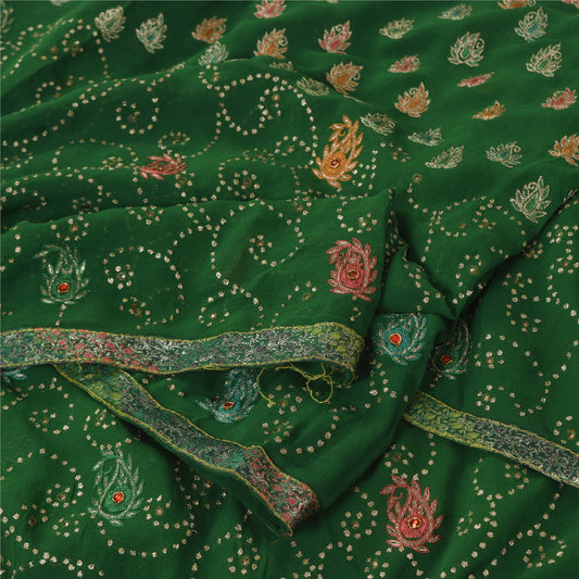 Sanskriti Vintage Green Sarees Pure Georgette Hand Embroidered Sari Craft Sustainable Fabric