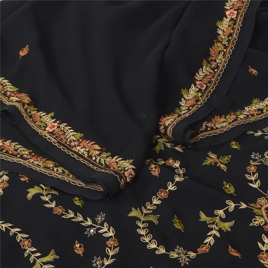 Sanskriti Vintage Black Sarees Georgette Hand Embroidered Sari 6yd Craft Sustainable Fabric