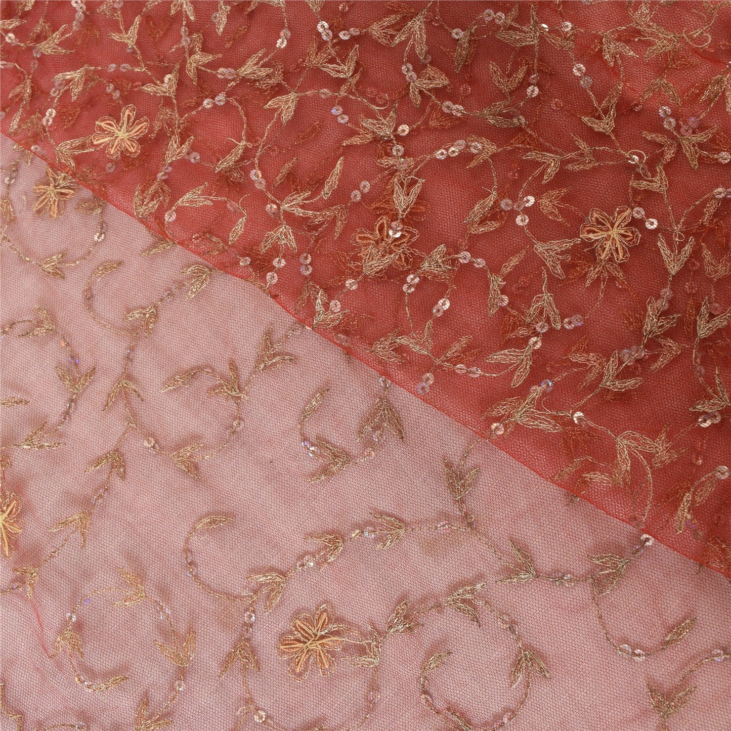 Sanskriti Vintage Red Sarees Net Mesh Hand Beaded Premium Sari 6yd Craft Sustainable Fabric