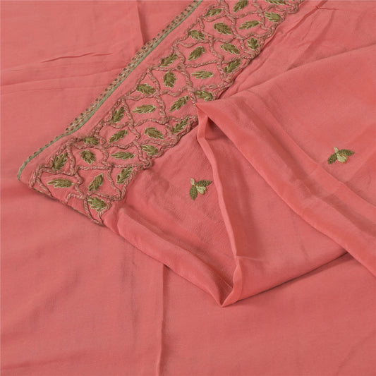 Sanskriti Vintage Peach Sarees Pure Crepe Hand Embroidered Sari 6yd Craft Fabric