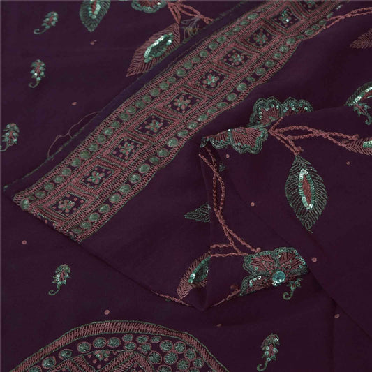 Sanskriti Vintage Burgundy Saree Pure Georgette Hand Embroidery 6yd Fabric Sari