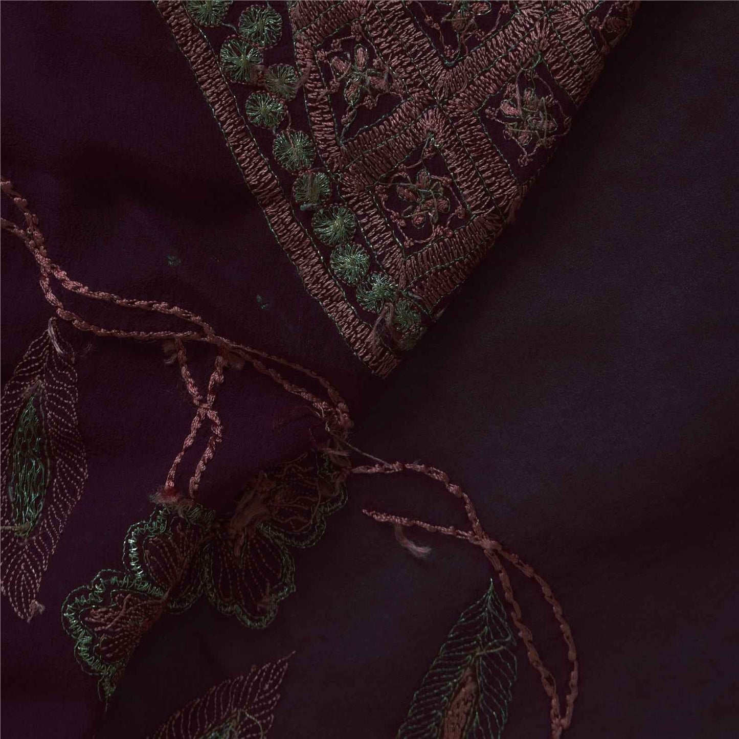Sanskriti Vintage Burgundy Saree Pure Georgette Hand Embroidery 6yd Fabric Sari