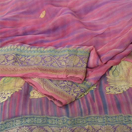 Sanskriti Vintage Indian Blue Sarees Pure Georgette Woven Sari 6yd Craft Sustainable Fabric