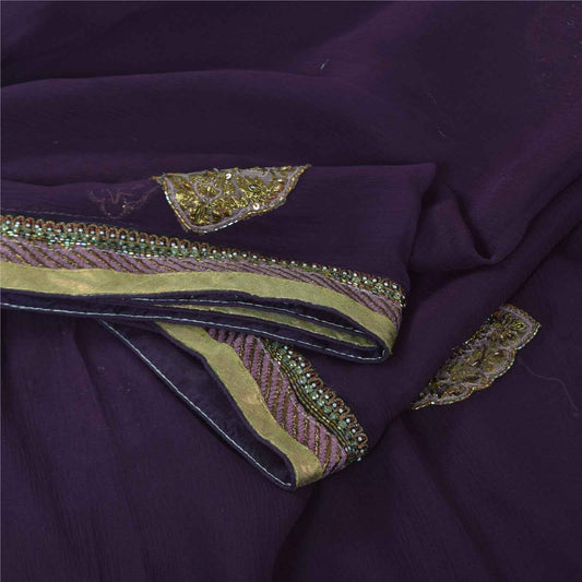 Sanskriti Vintage Purple Dupatta Long Stole Pure Chiffon Hand Beaded Ethnic Veil