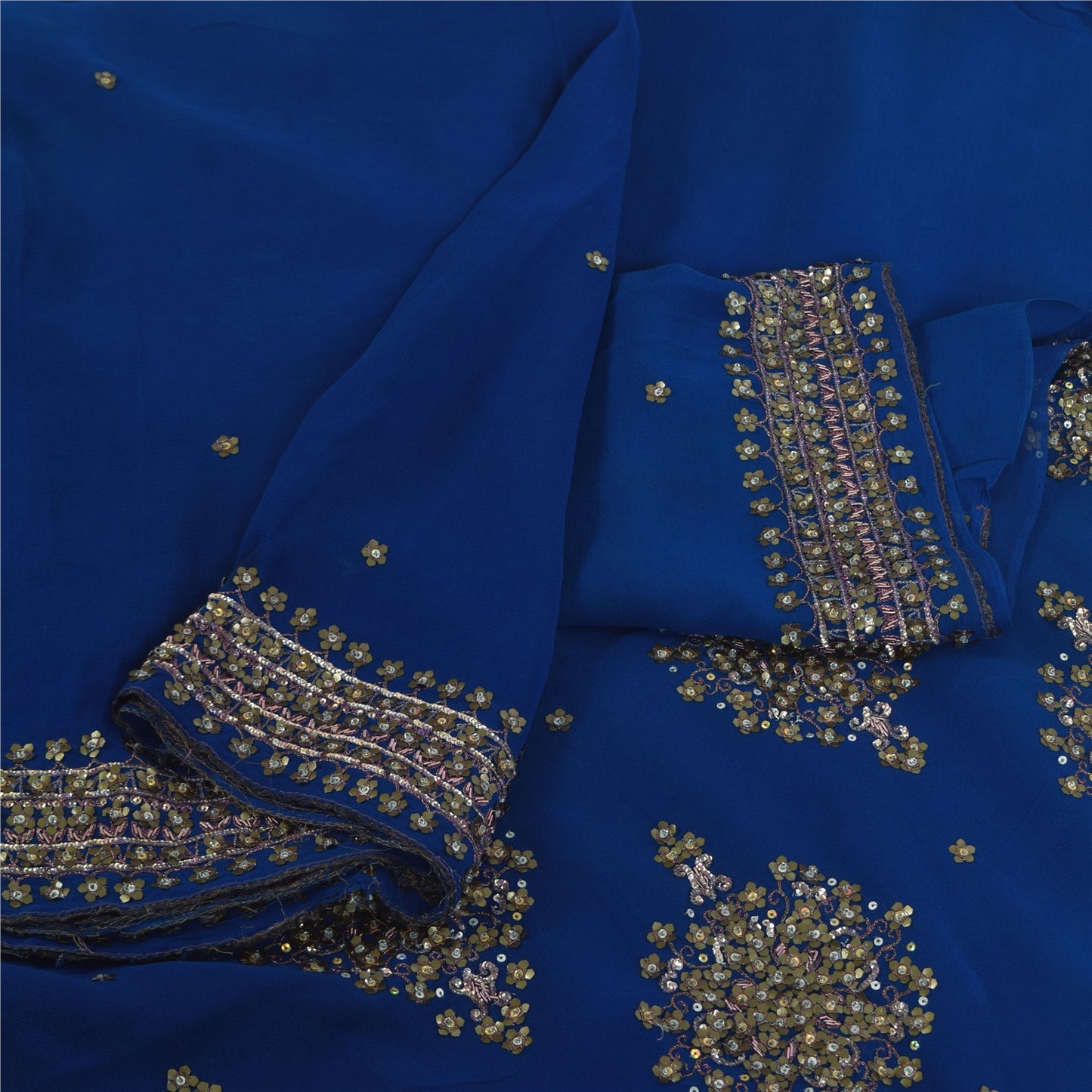 Sanskriti Vintage Blue Sarees Pure Georgette Hand Beaded Sari 6yd Craft Fabric