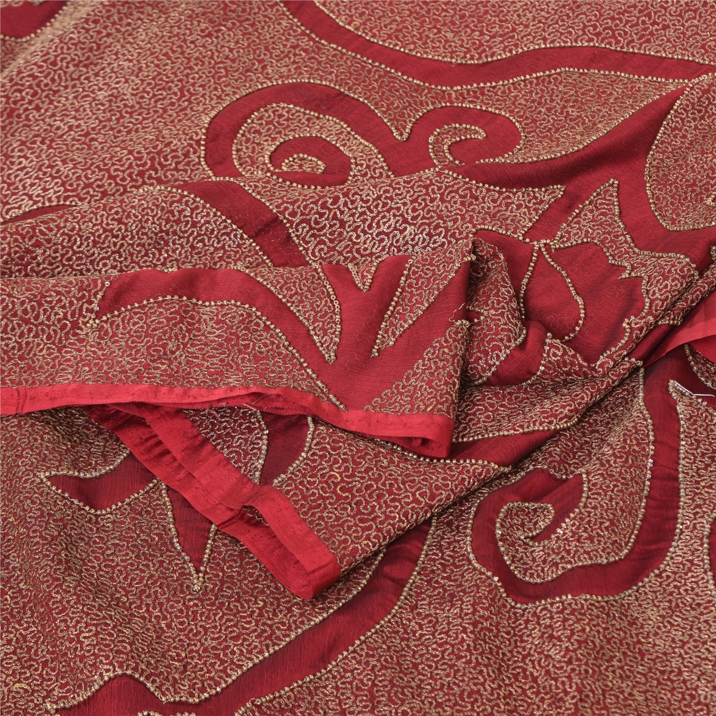 Sanskriti Vintage Red Sarees Chiffon Hand Embroidered Premium Craft Fabric Sari