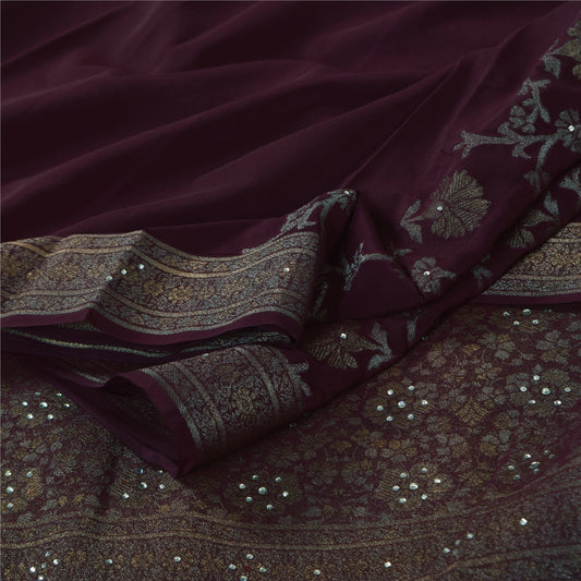 Sanskriti Vintage Wine Sarees Pure Georgette Woven Ethnic Sari 6yd Craft Fabric