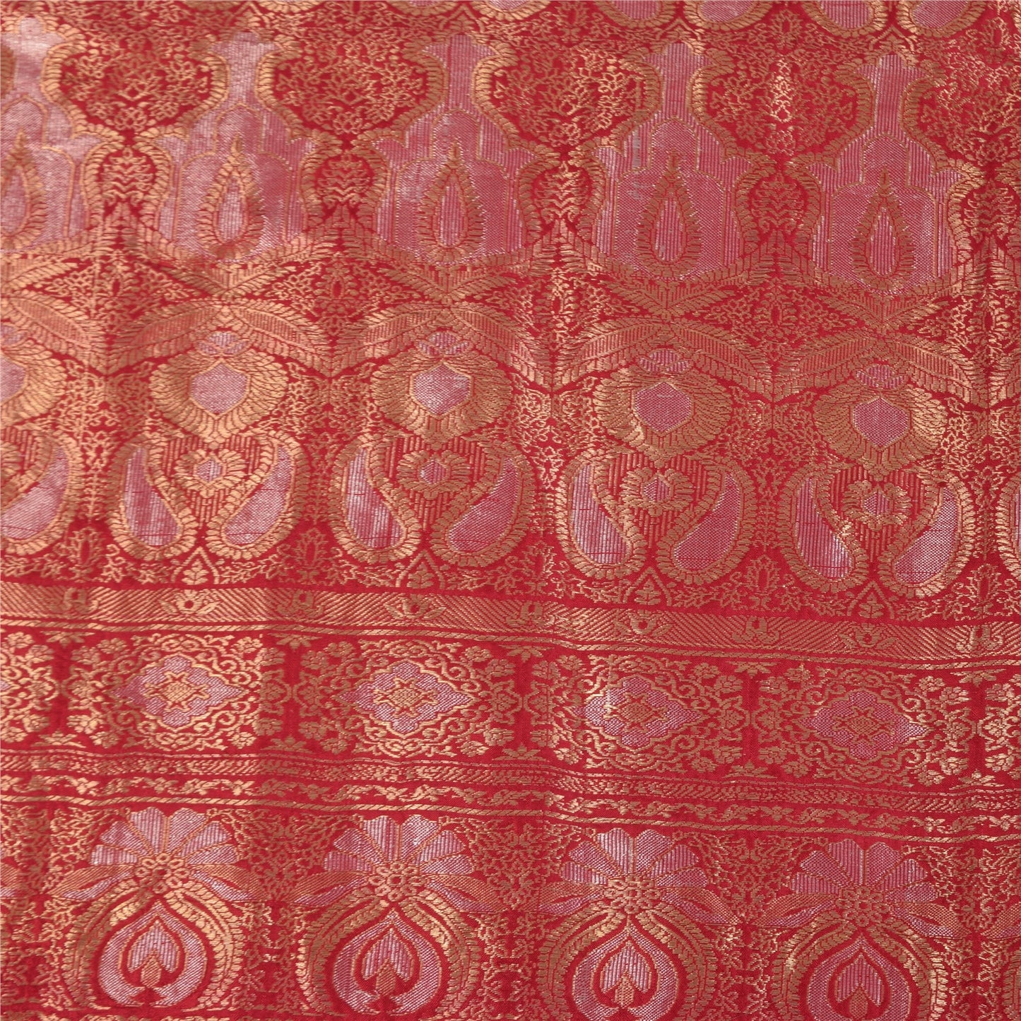 Sanskriti Vintage Indian Red Sarees Pure Silk Woven Ethnic Craft Fabric 5yd Sari