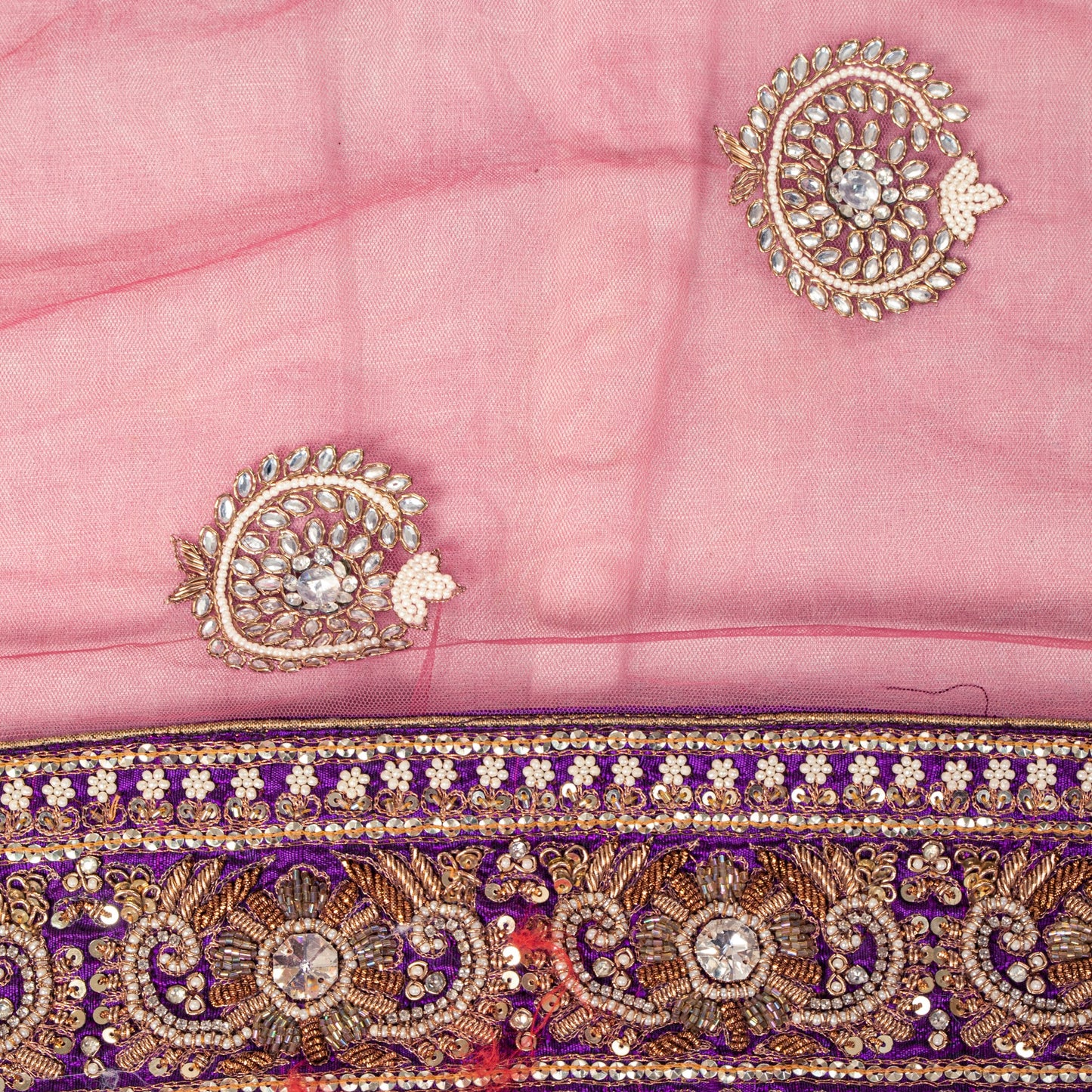 Sanskriti Vintage Pink Net Saree Hand Embroidered Zardozi Zari Sari 6+YD Craft