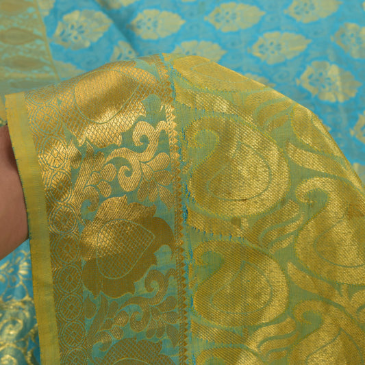 Sanskriti Vintage Blue-Golden Pure Silk Saree Paisley Woven Sari 5.5 Yd Craft