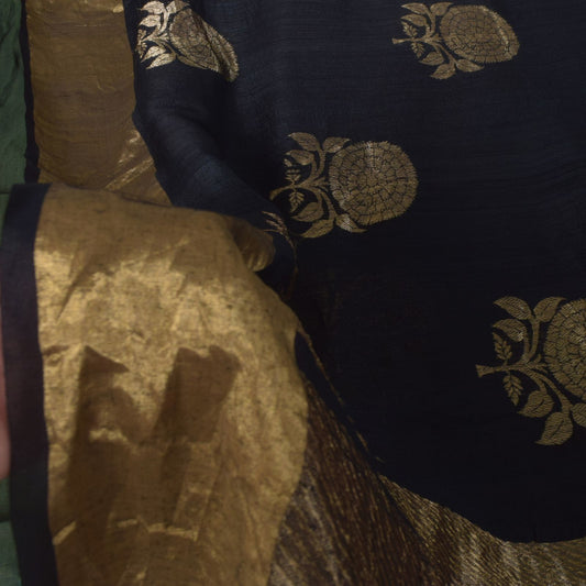 Sanskriti Vintage Black Pure Silk Saree Golden Zari Woven Sari 5.5 Craft Fabric