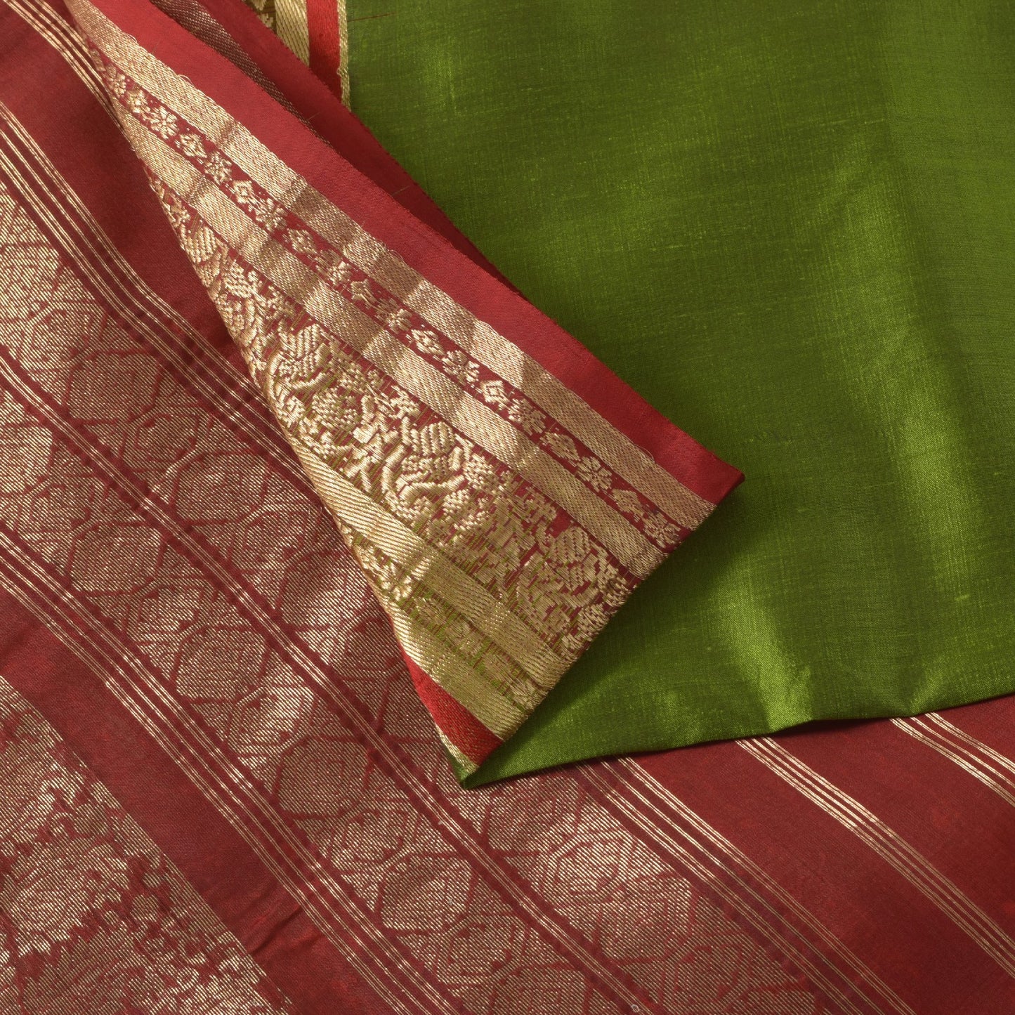 Sanskriti Vintage Green-Red Pure Silk Saree Brocade Zari Hand Woven Sari 5.5 YD
