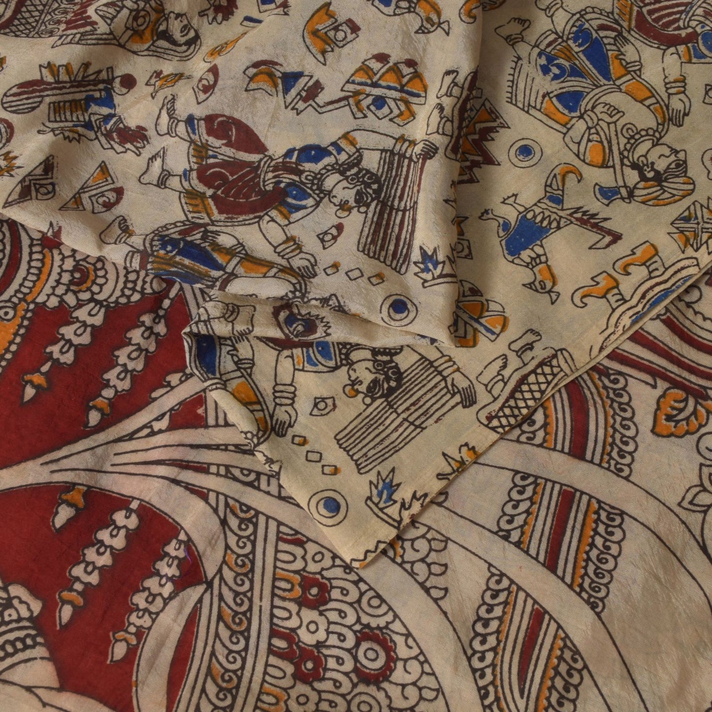 Sanskriti Vintage Cream-Red Pure Cotton Saree Hand Made Kalamkari Sari 6.5+YD