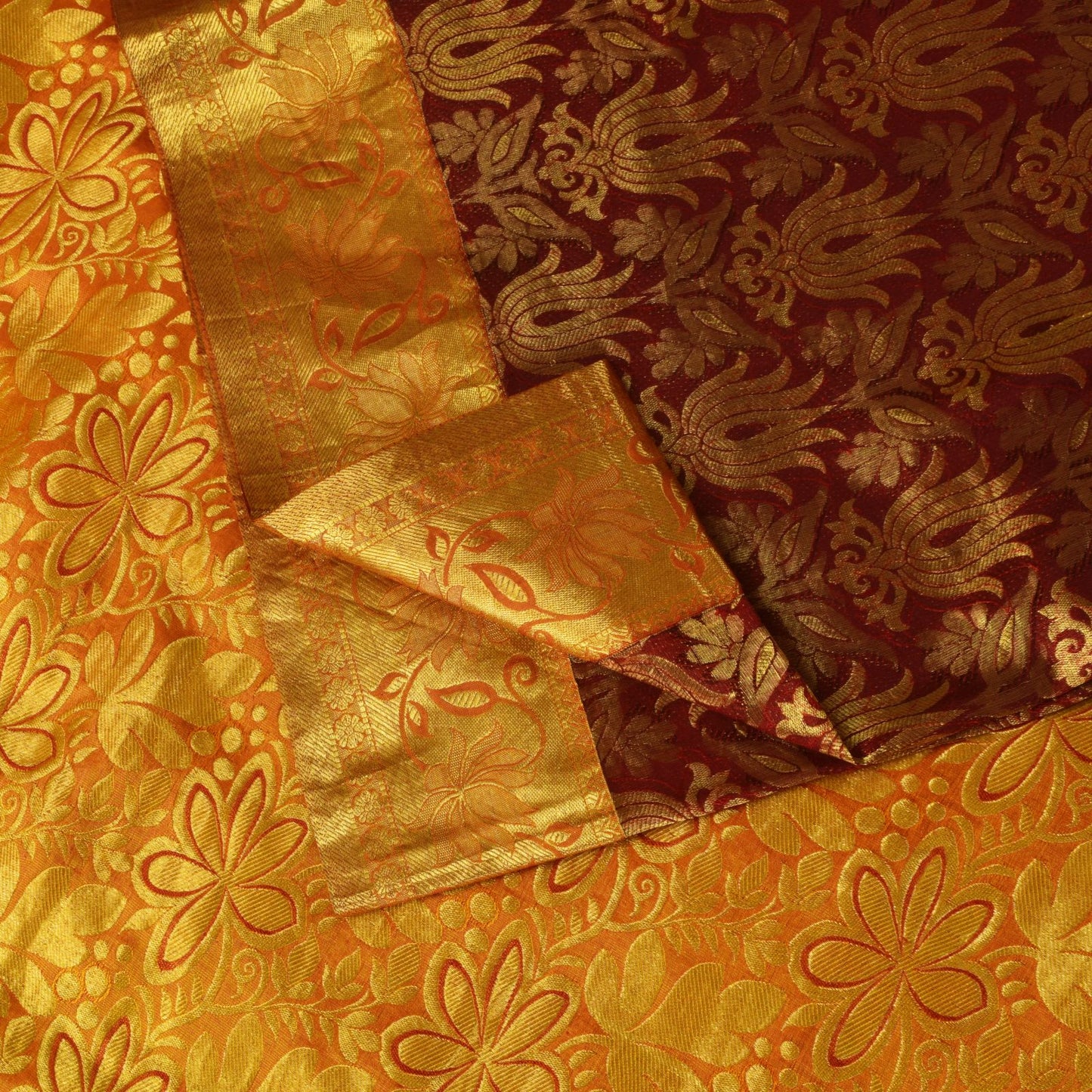 Sanskriti Vintage Dark Red Pure Silk Saree Brocade Woven Sari 5.5 Craft Fabric