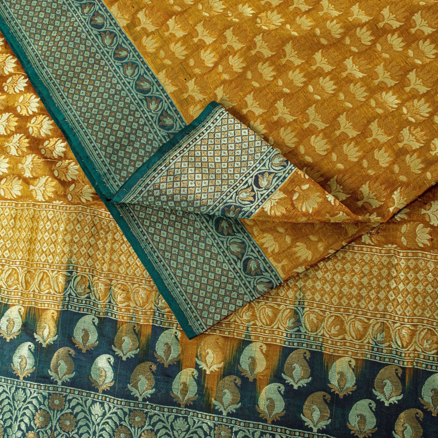 Sanskriti Vintage Mustard Pure Silk Saree Hand Woven Floral Sari 5.5 Yd Craft